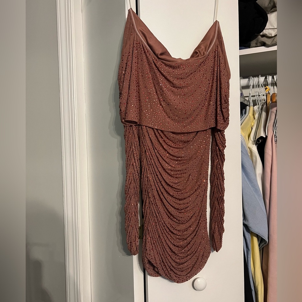 Fashion Nova mauve rhinestone off the shoulder mini dress
